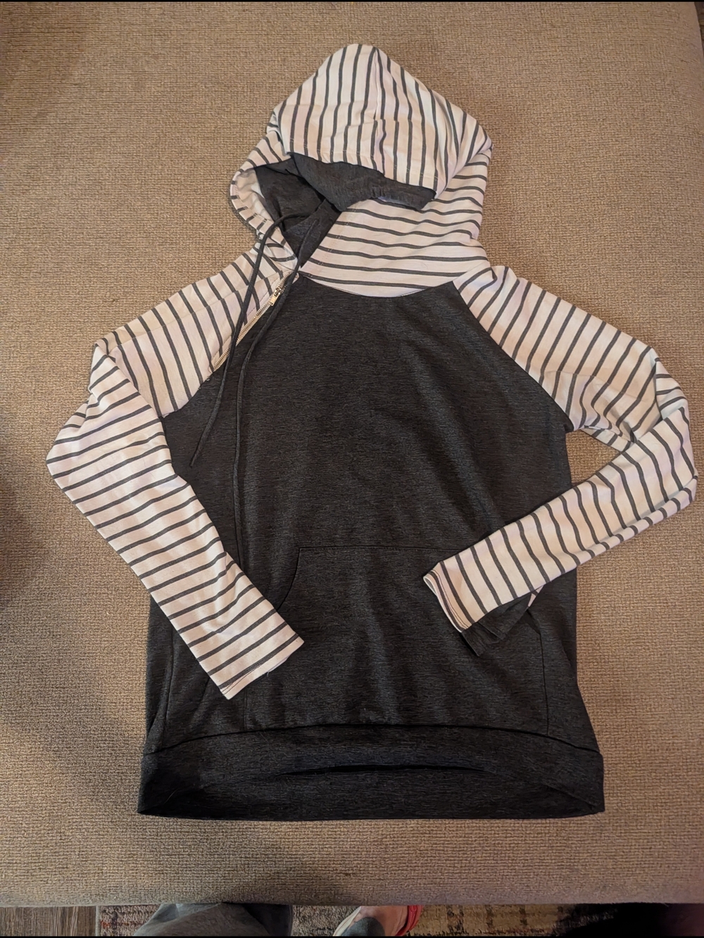7th Ray Charcoal Gray Hoodie with White and Black Striped Sleeves